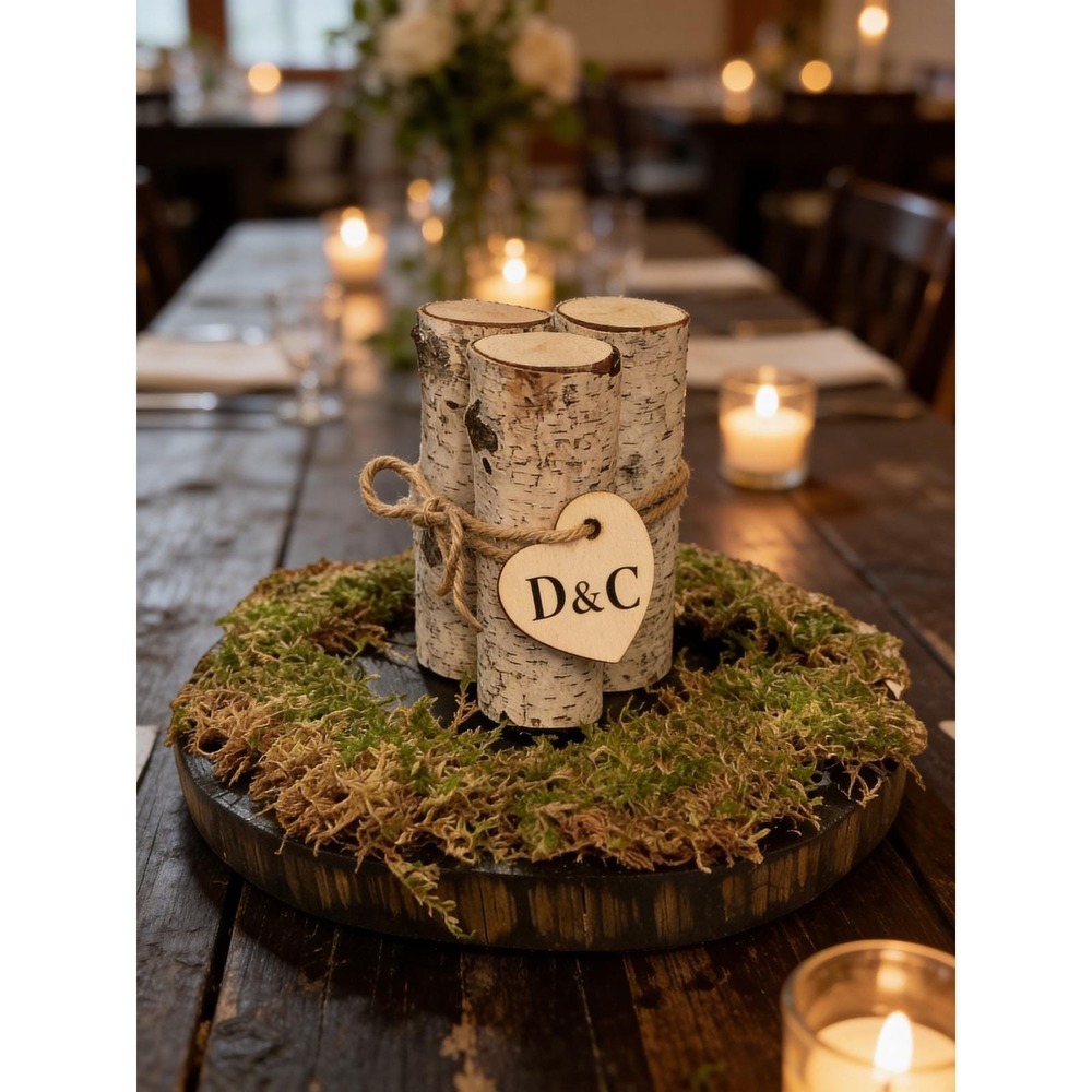 Handmade Rustic Birch Wood Slab Centerpiece with Moss and Custom Heart